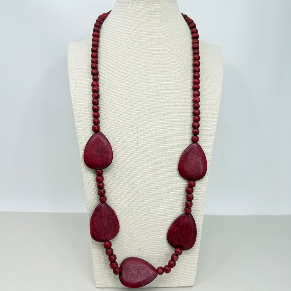 Wood Bead Long Necklace Teardrop Statement Boho‎ Artsy Maroon Burgundy Red
